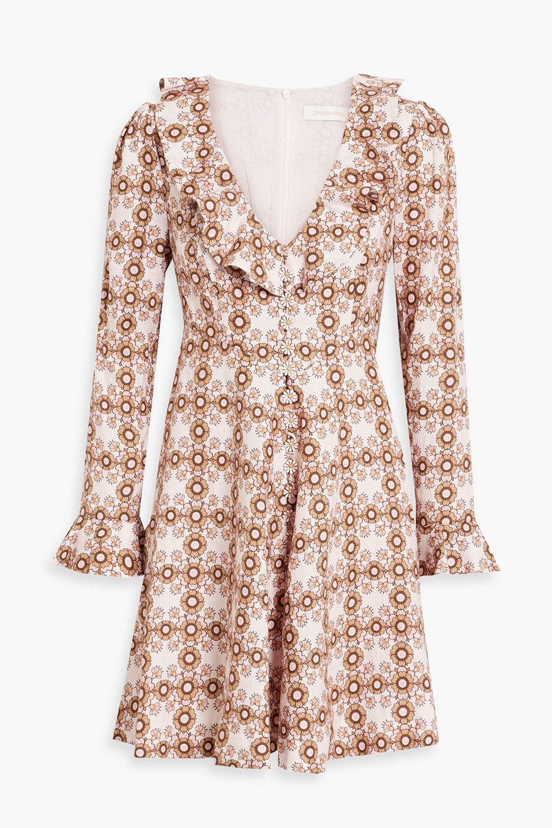 Zimmermann - Ruffled floral-print linen mini dress - Pink - 00