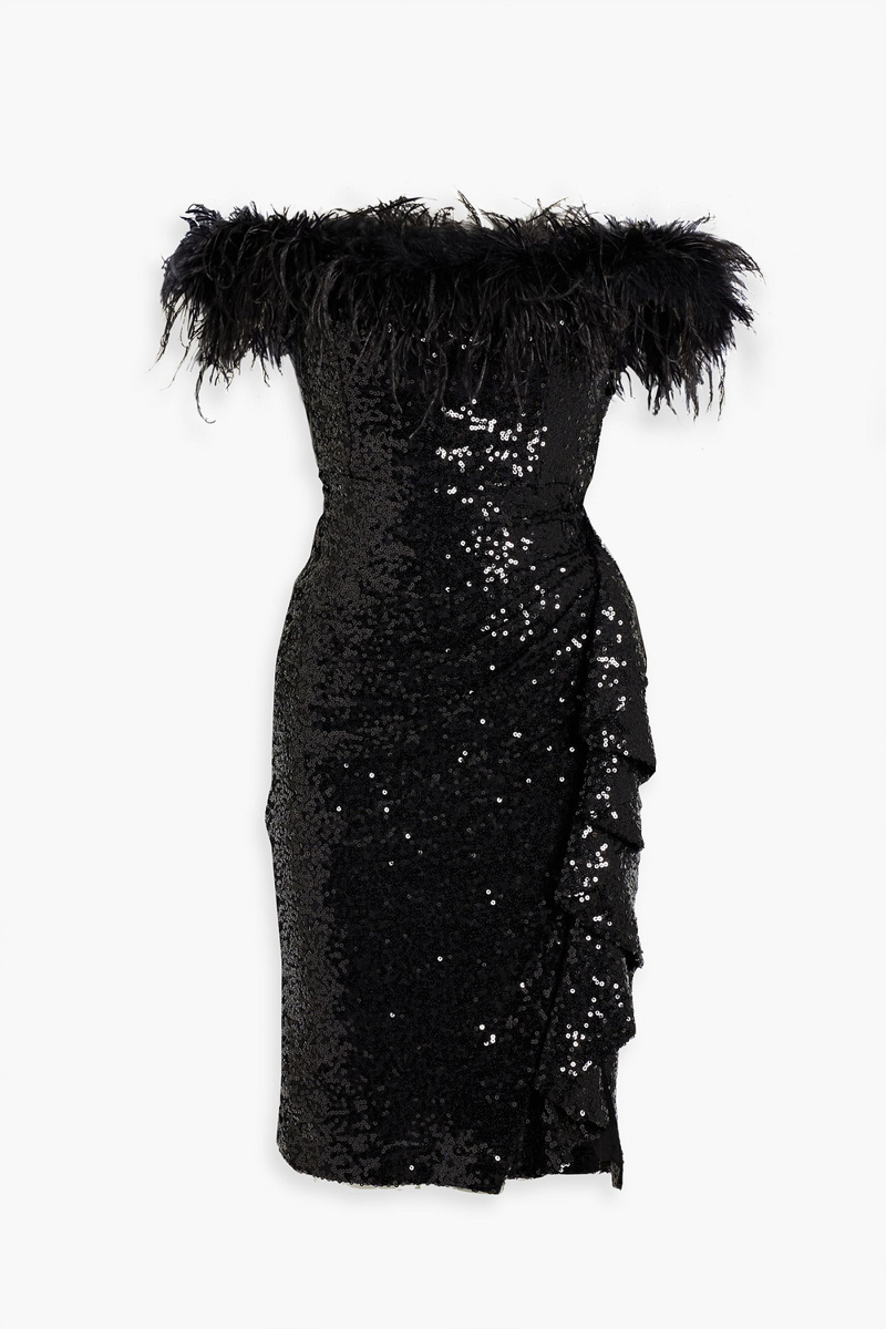 Badgley Mischka - Off-the-shoulder feather-embellished sequined tulle dress - Black - US 4