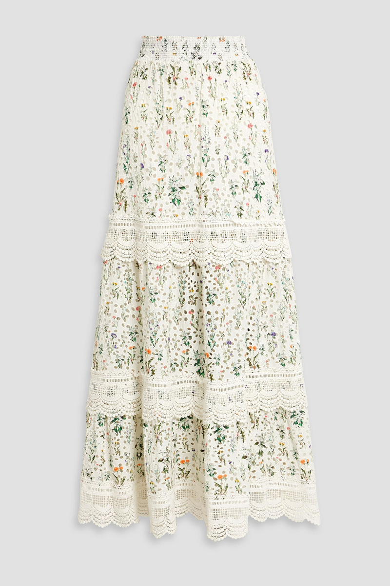 alice olivia - reise crochet-trimmed floral-print broderie anglaise cotton maxi skirt - white - us 10