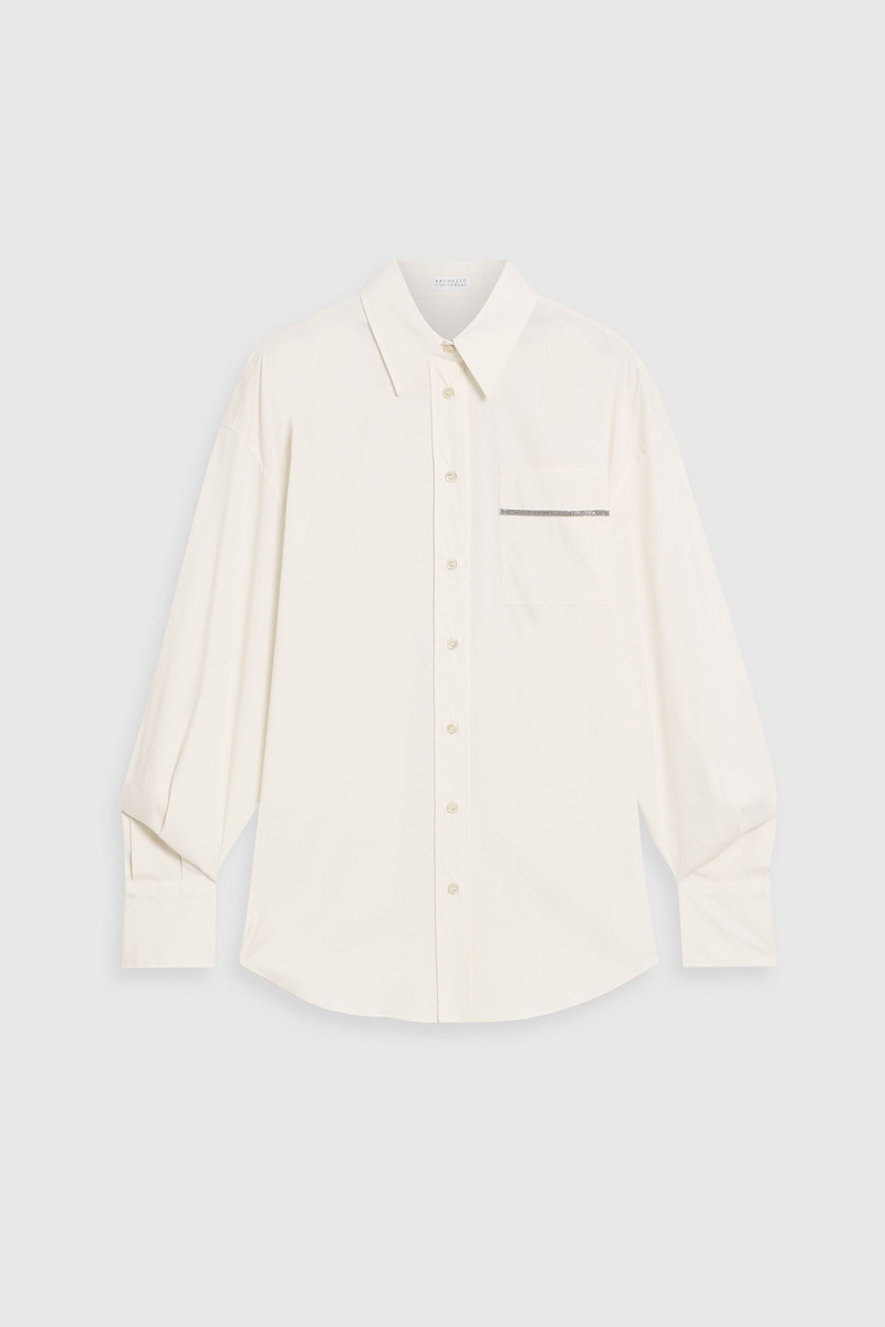 brunello cucinelli - bead-embellished cotton-blend poplin shirt - white - m