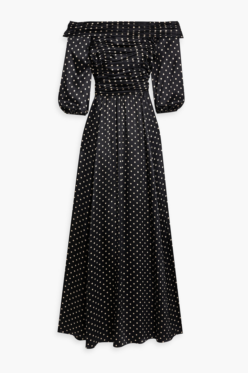 mikael aghal - off-the-shoulder polka-dot silk-satin maxi dress - black - us 6