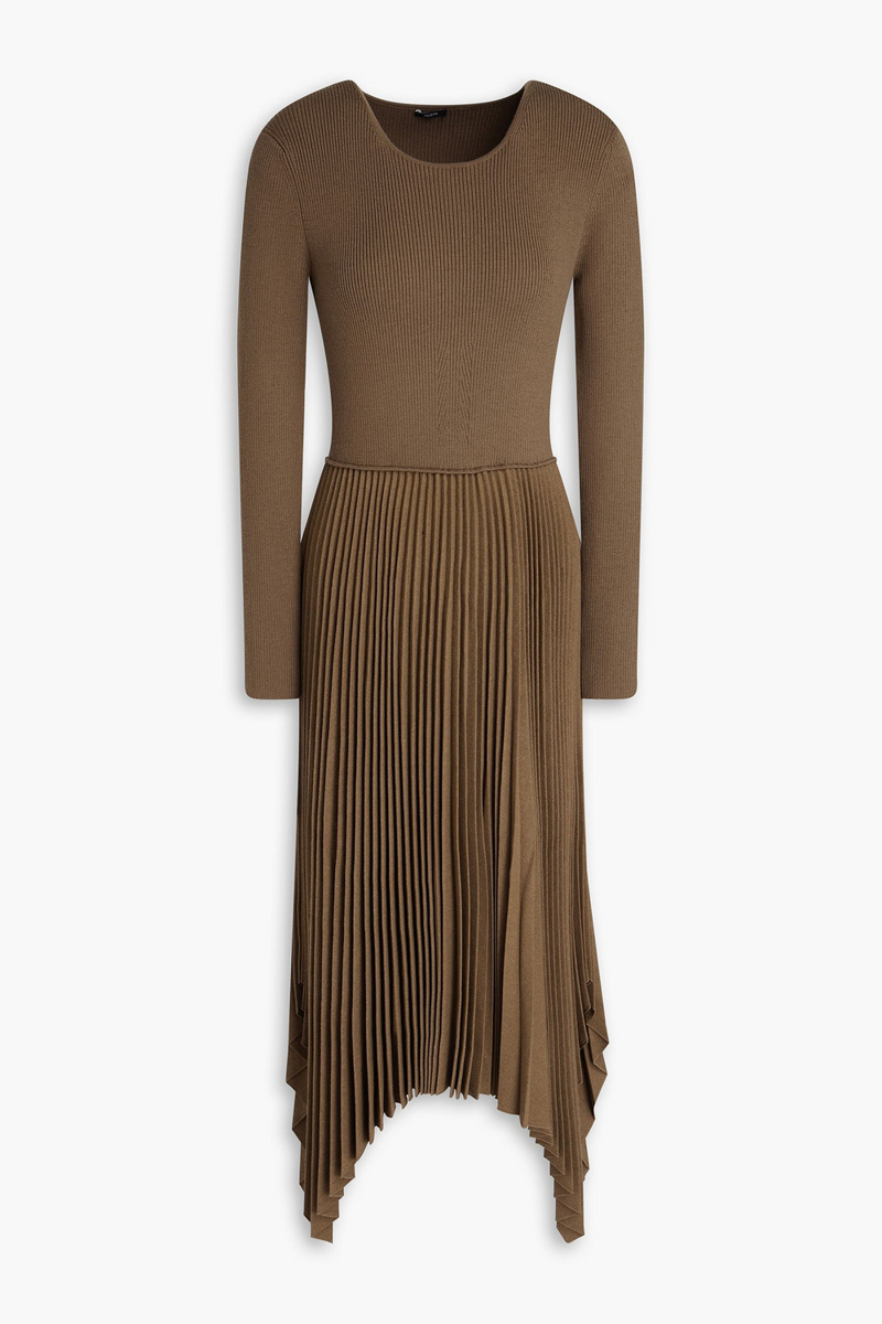 joseph - pleated ribbed wool-blend and flannel midi dress - green - fr 38