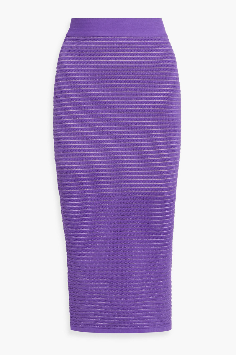 hervé léger - burnout-effect ribbed-knit midi pencil skirt - purple - xs