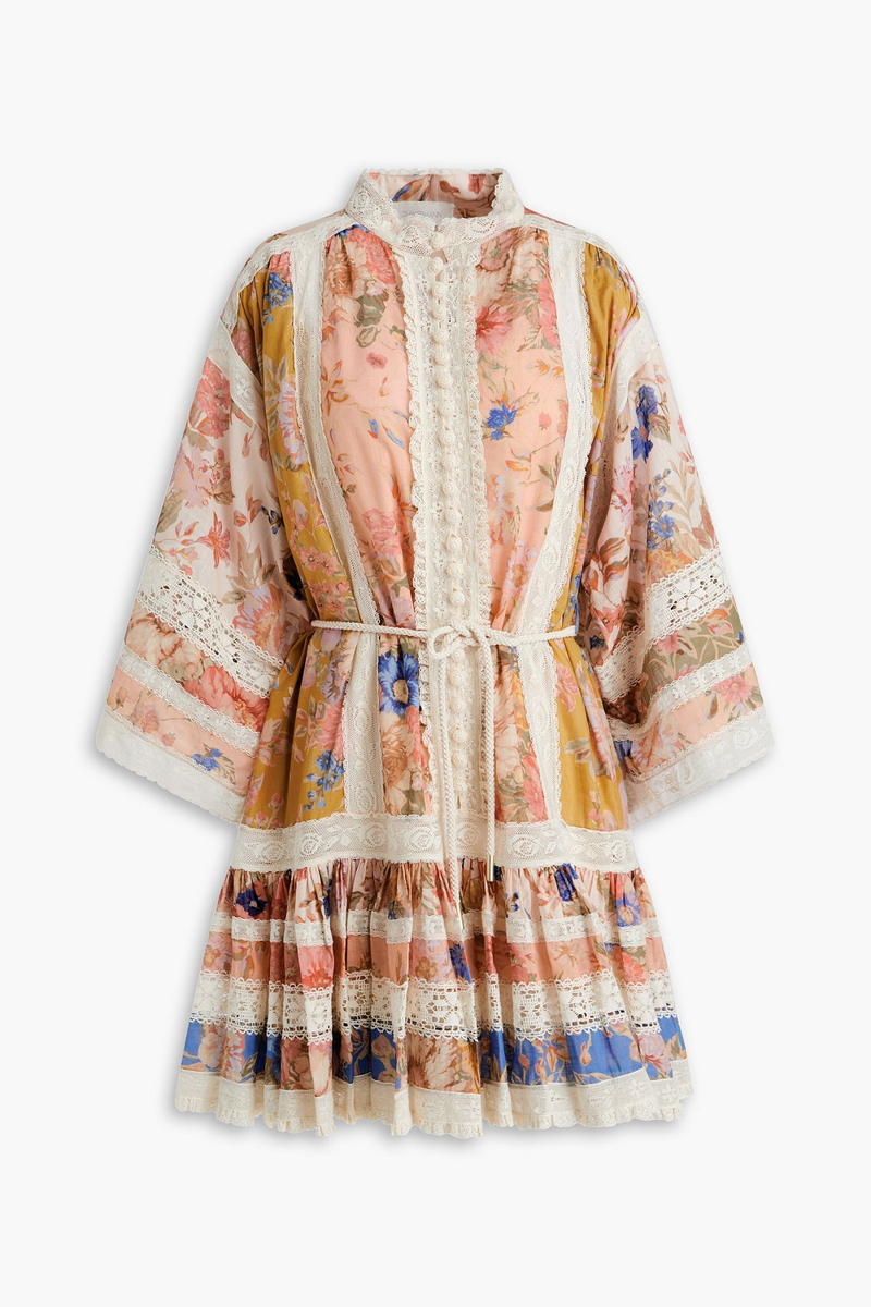 zimmermann - crochet-trimmed floral-print cotton mini dress - multicolor - 0