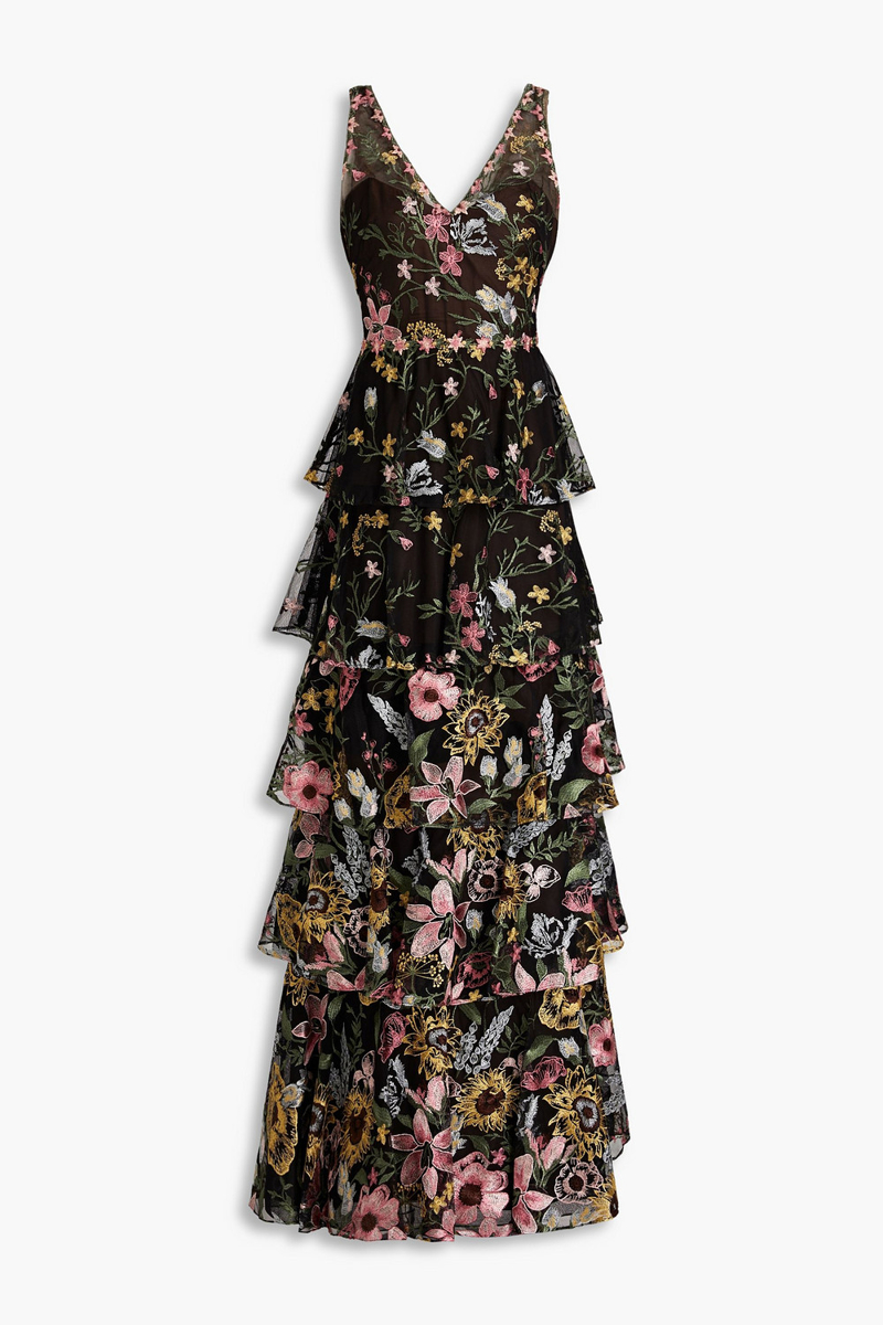 Marchesa Notte - Tiered embroidered tulle gown - Black - US 4