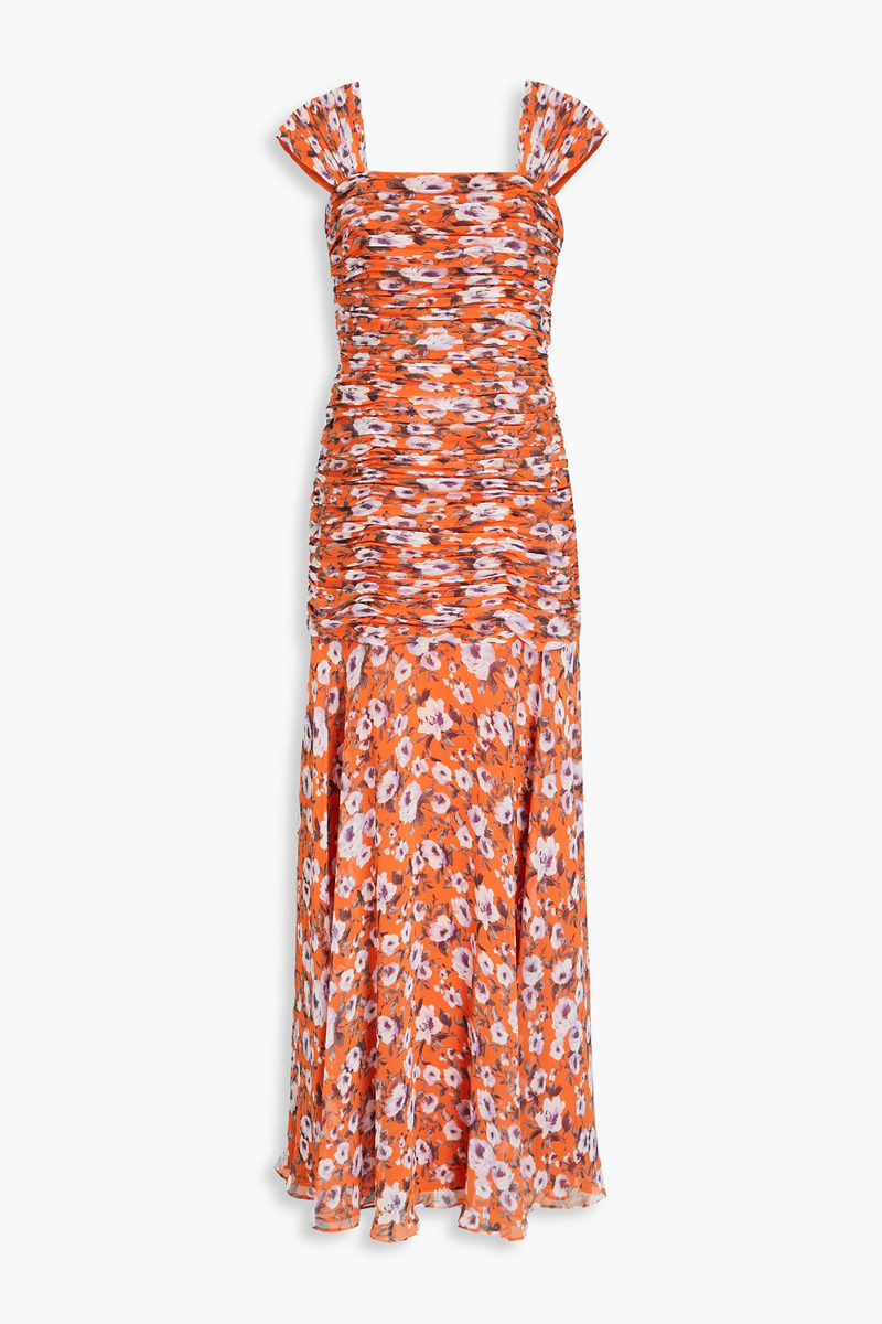Mikael Aghal - Ruched floral-print chiffon maxi dress - Orange - US 6