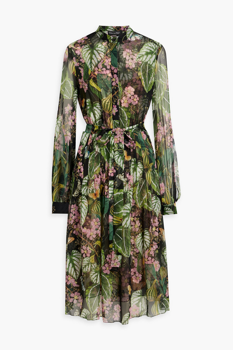 Oscar de la Renta - Pleated printed silk-chiffon midi dress - Green - US 14