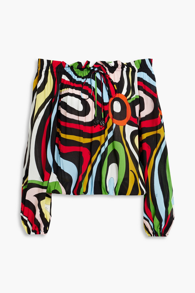 pucci - off-the-shoulder ruffled printed georgette top - black - it 50