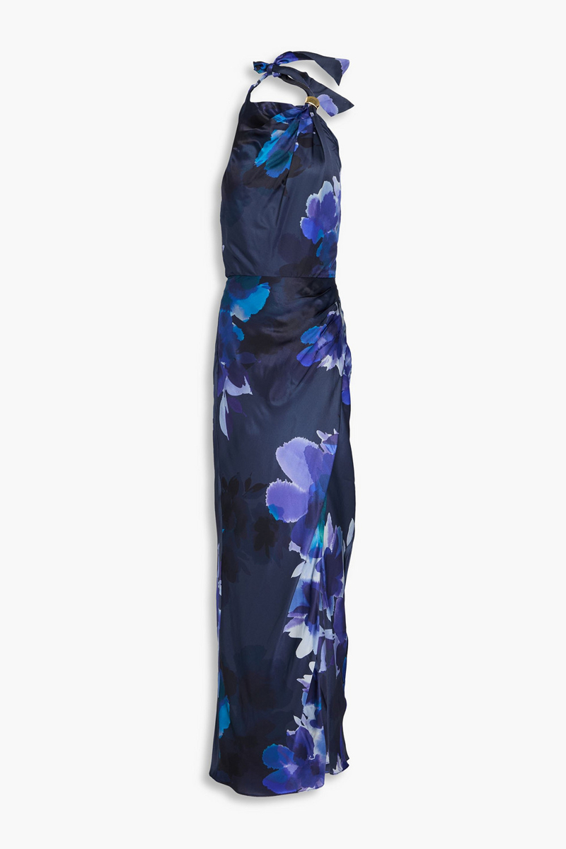 nicholas - printed satin halterneck maxi dress - blue - us 2
