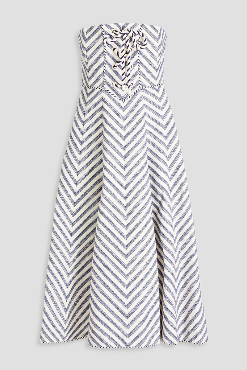 Zimmermann - Strapless lace-up herringbone cotton-blend midi dress - Blue - 00