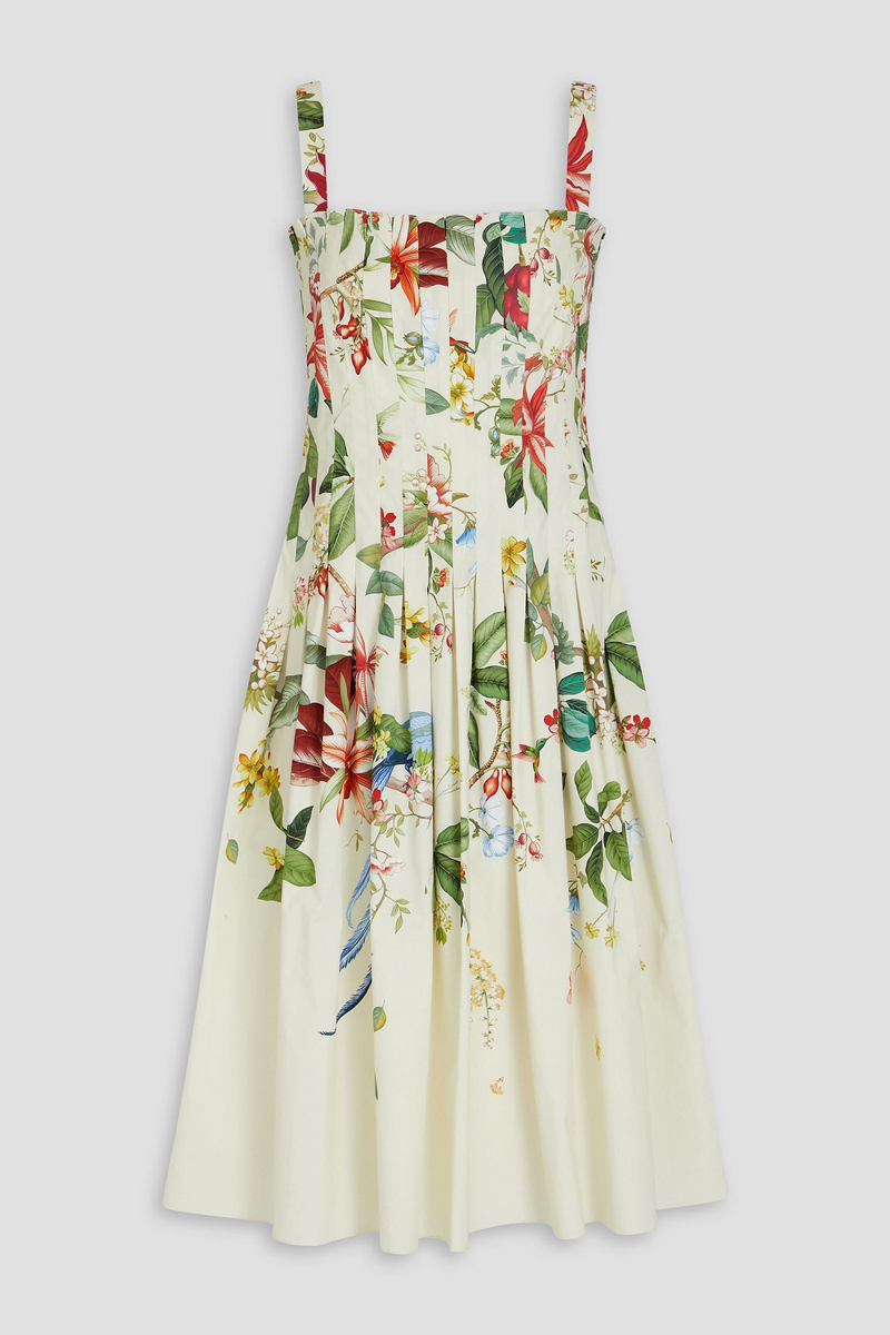oscar de la renta - pleated printed cotton-blend poplin midi dress - white - us 14