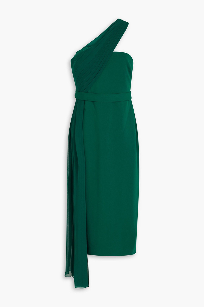 badgley mischka - one-shoulder draped georgette and stretch-crepe midi dress - green - us 4