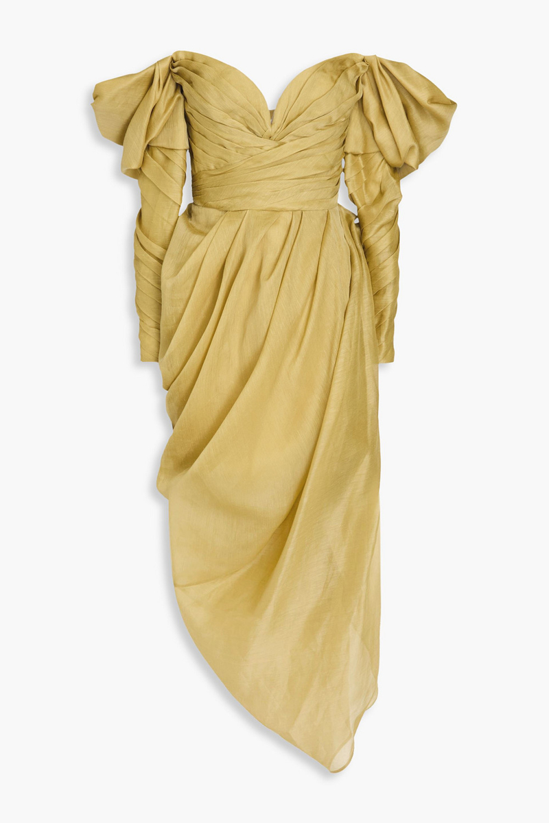 zimmermann - off-the-shoulder draped linen and silk-blend gauze maxi dress - green - 00