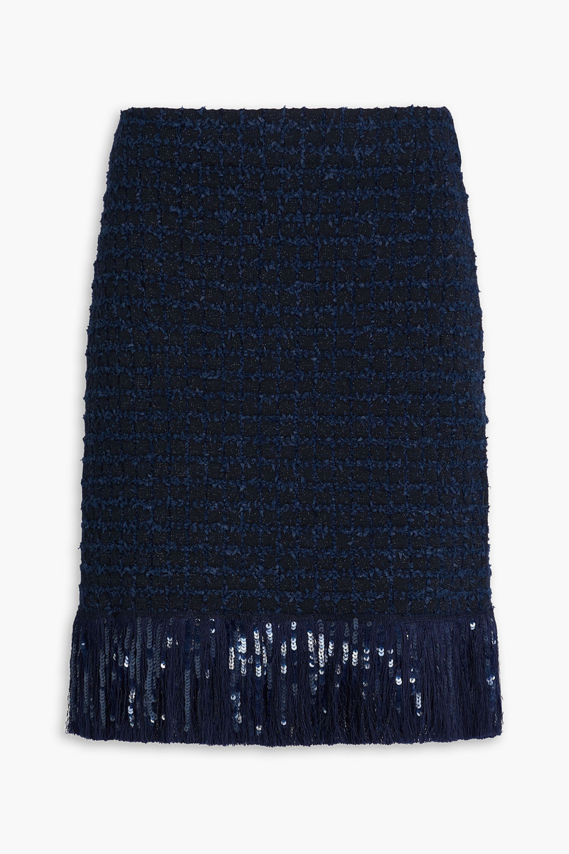 oscar de la renta - fringed sequin-embellished wool-blend mini skirt - blue - xs