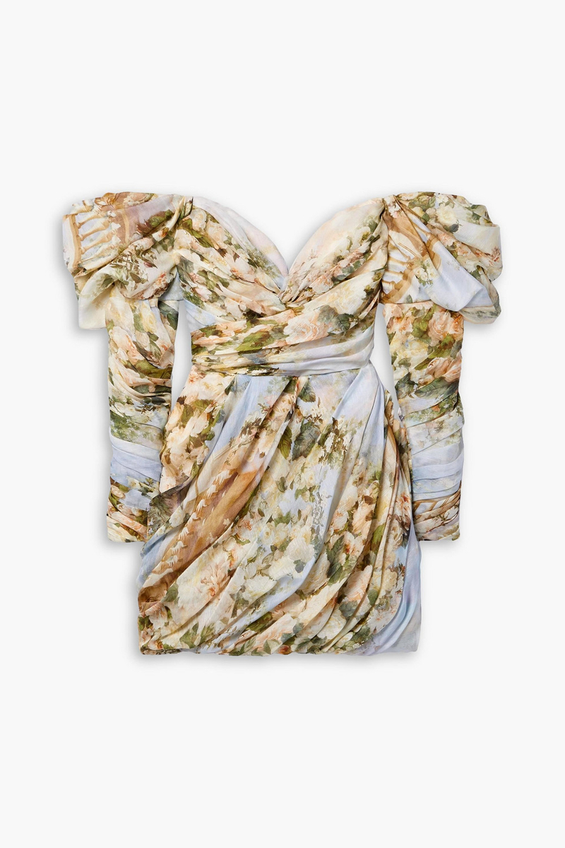 zimmermann - luminosity off-the-shoulder draped floral-print linen and silk-blend organza mini dress - blue - 2