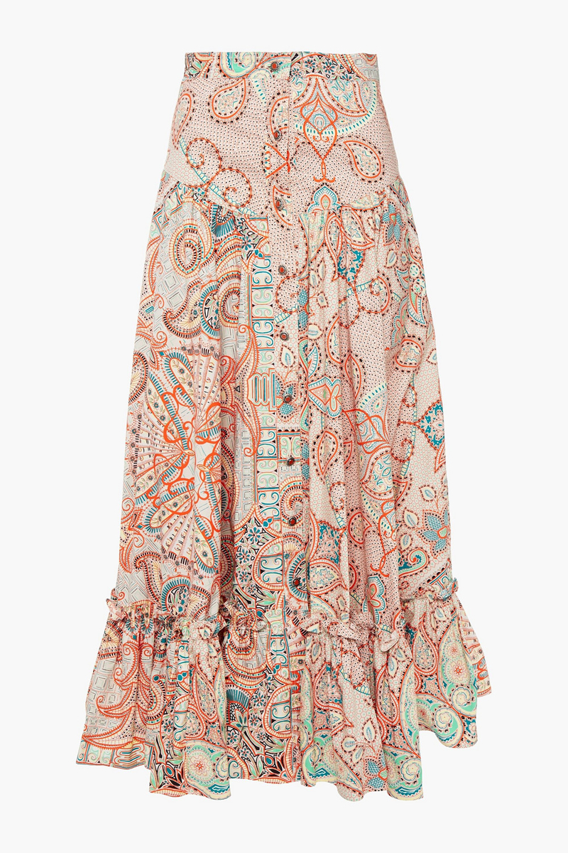 Etro - Gathered printed cotton-poplin midi skirt - Orange - IT 40