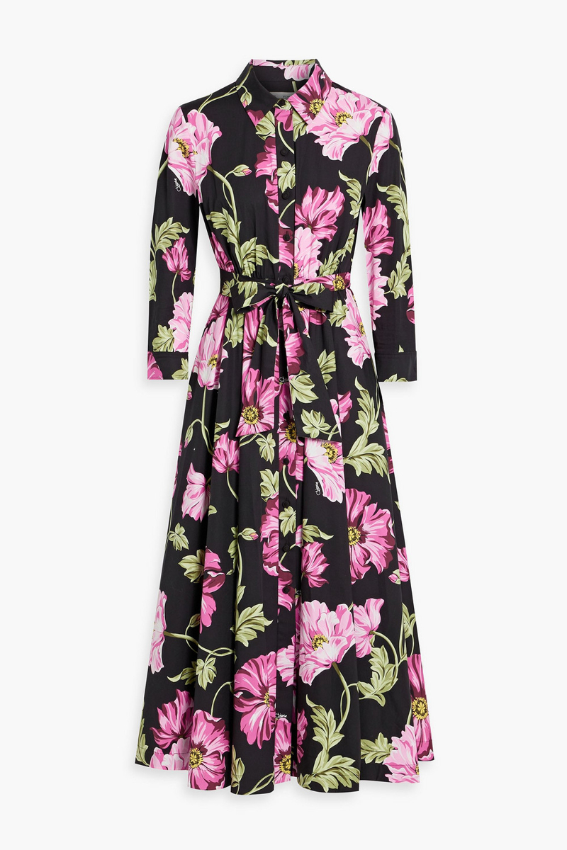 diane von furstenberg - blaine belted floral-print cotton-blend poplin midi shirt dress - black - xxs