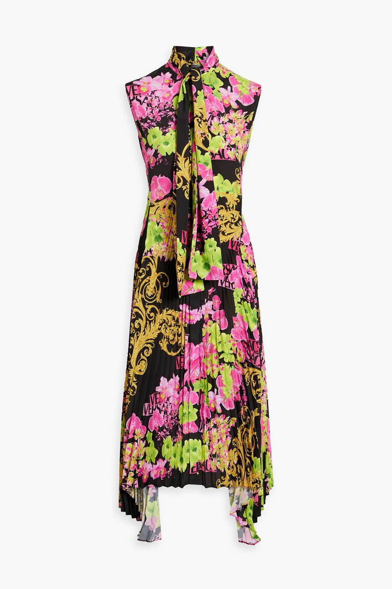 Versace - Printed plissé crepe de chine midi dress - Black - IT 38