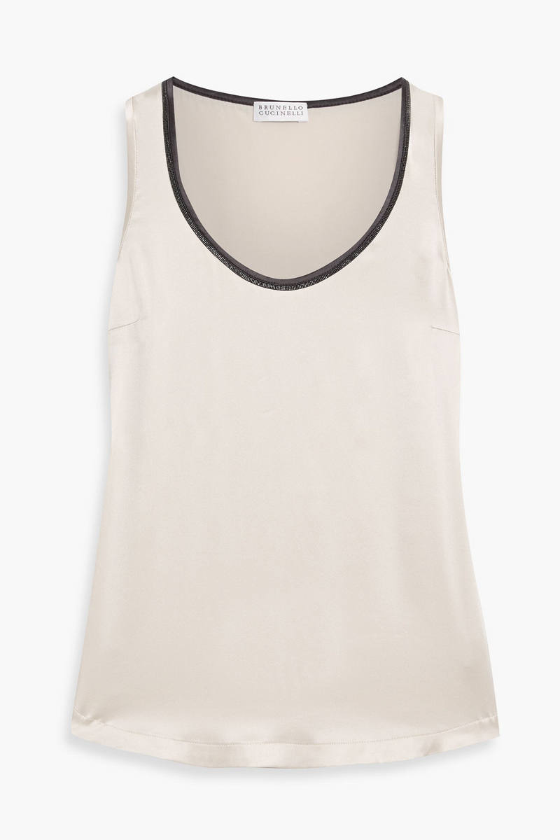 brunello cucinelli - bead-embellished silk-blend satin top - white - xxs