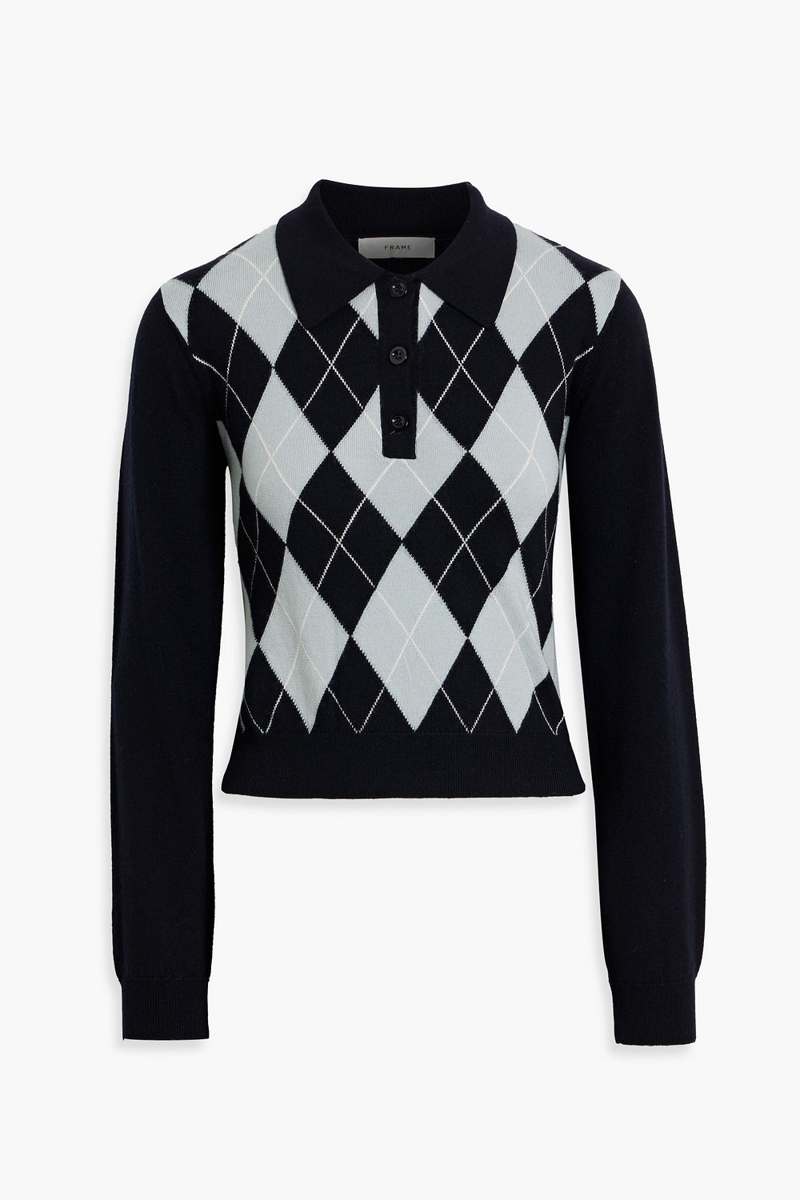 frame - the argyle wool-blend polo sweater - black - l