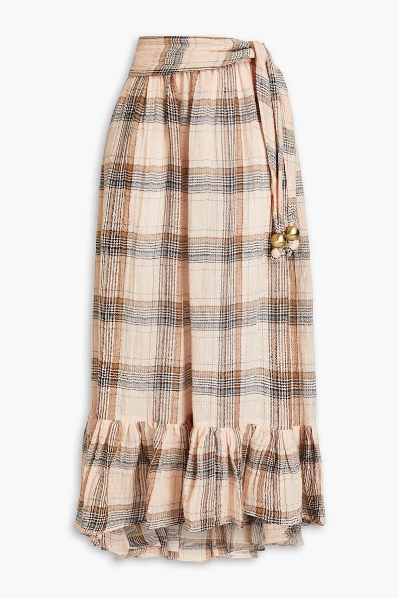 Lisa Marie Fernandez - Gathered checked linen-blend gauze midi skirt - Orange - 1