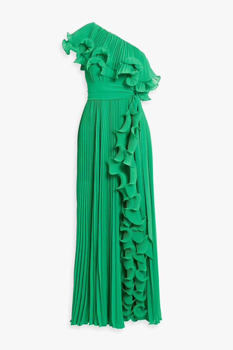 badgley mischka - one-shoulder ruffled plissé-georgette gown - green - us 4