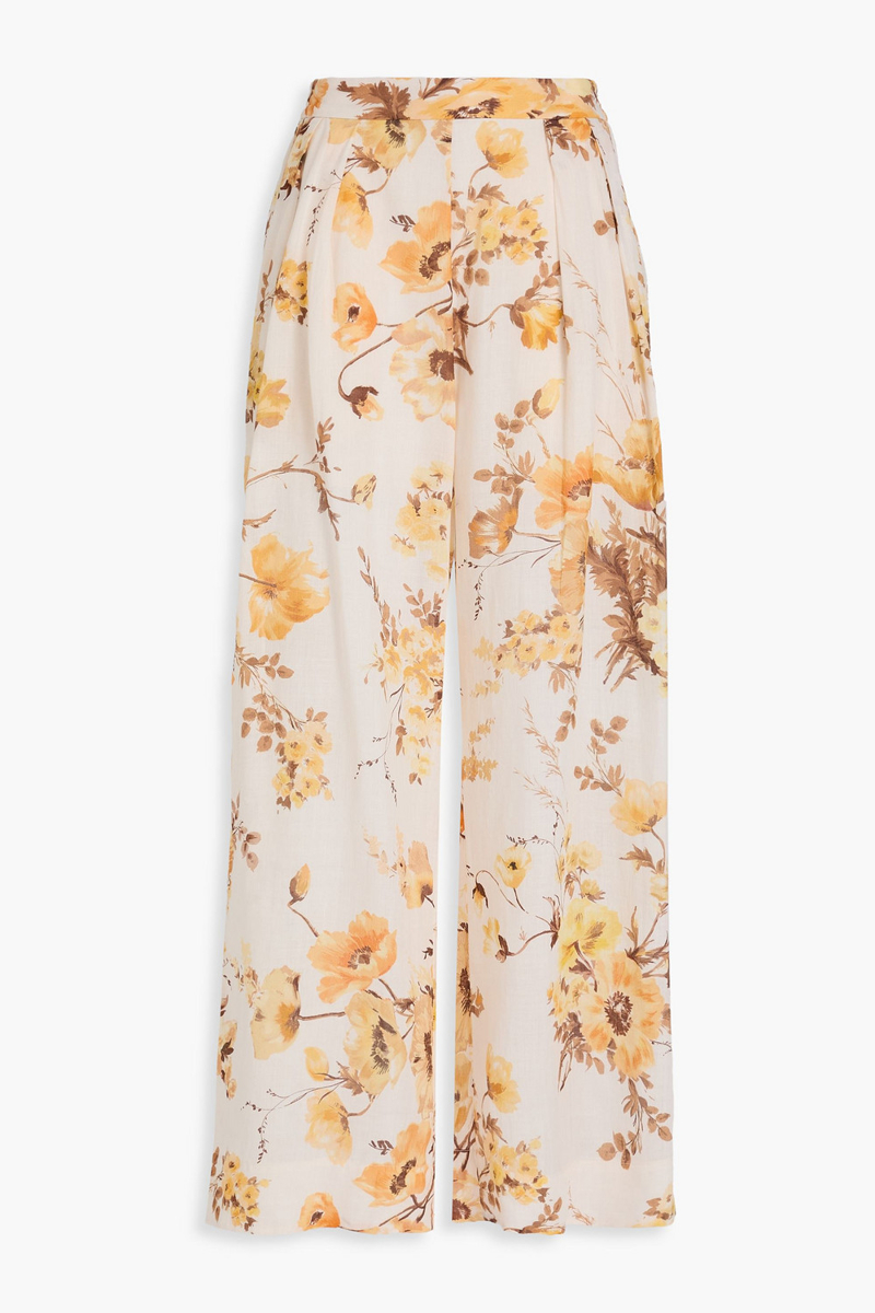 zimmermann - pleated floral-print ramie wide-leg pants - orange - 4