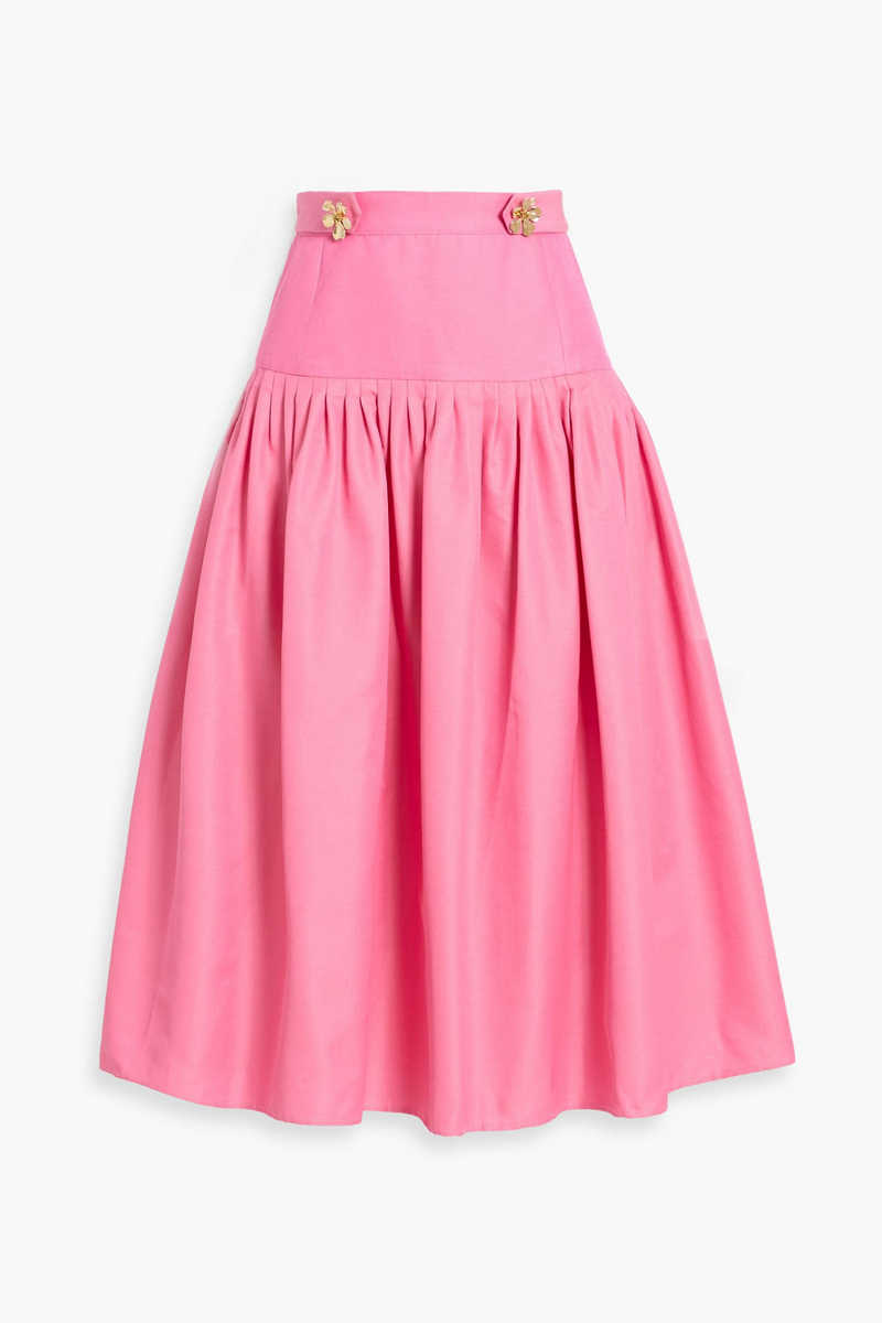 oscar de la renta - floral-appliquéd cotton and silk-blend faille midi skirt - pink - us 4