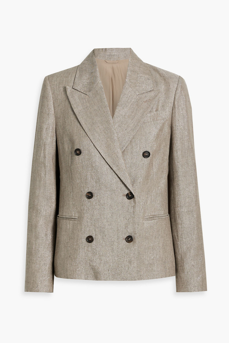 brunello cucinelli - double-breasted metallic linen-blend twill blazer - neutral - it 38