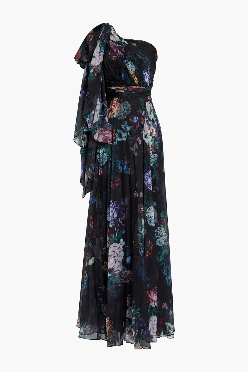 Marchesa Notte - One-shoulder pleated floral-print chiffon gown - Black - US 0