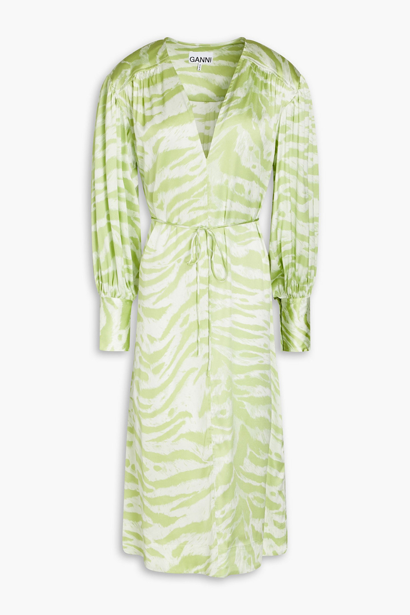 GANNI - Tiger-print silk-blend satin midi dress - Green - DE 36