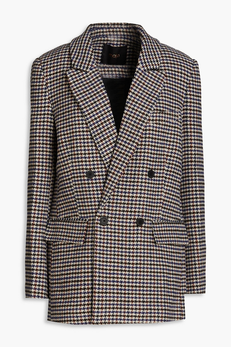 Maje - Double-breasted houndstooth wool-blend tweed blazer - Blue - FR 40