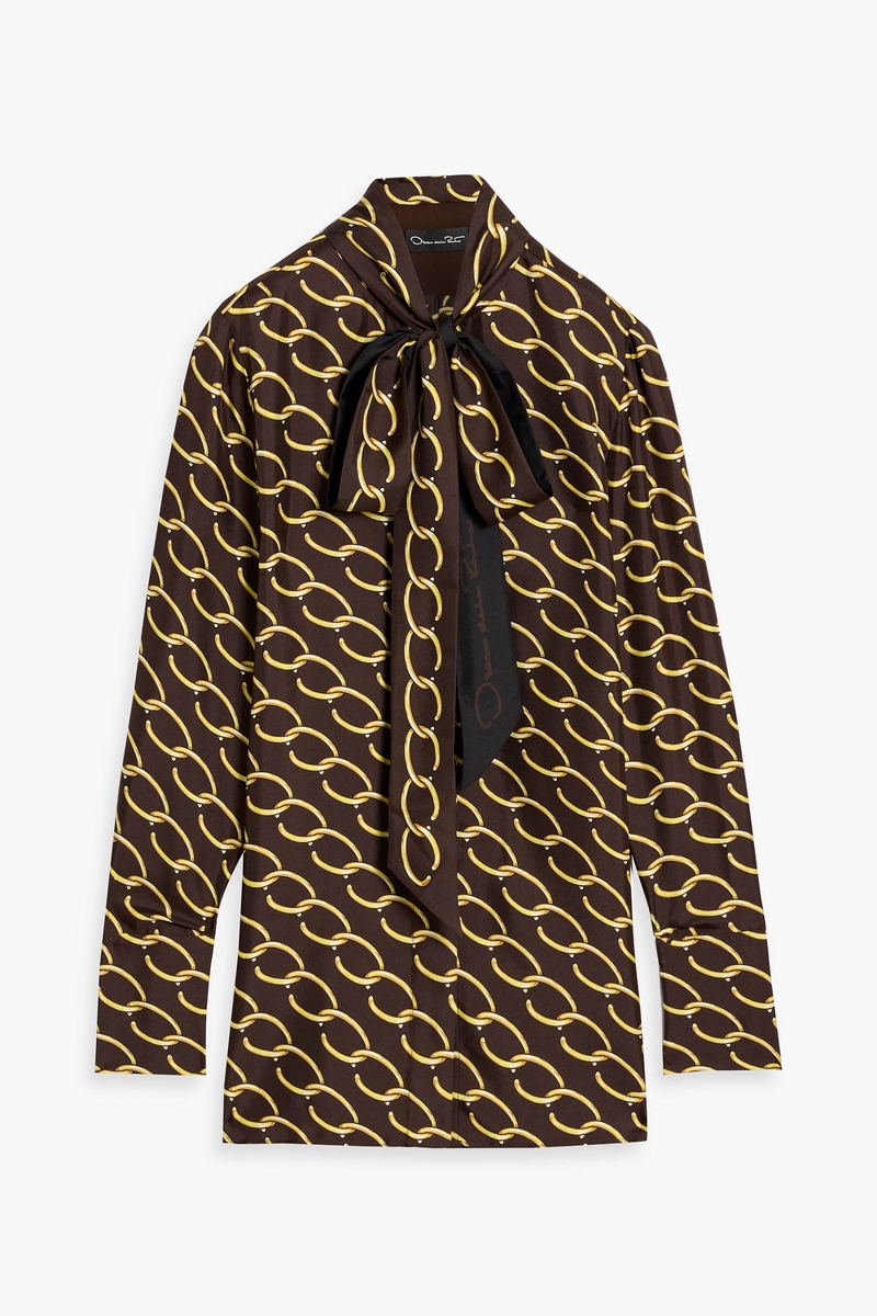 oscar de la renta - pussy-bow printed silk-twill blouse - brown - us 00