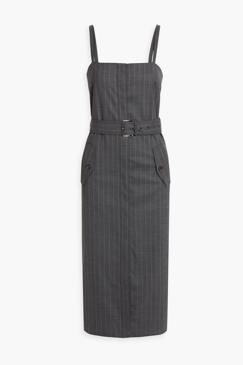 Brunello Cucinelli - Belted pinstriped wool-blend midi dress - Gray - M
