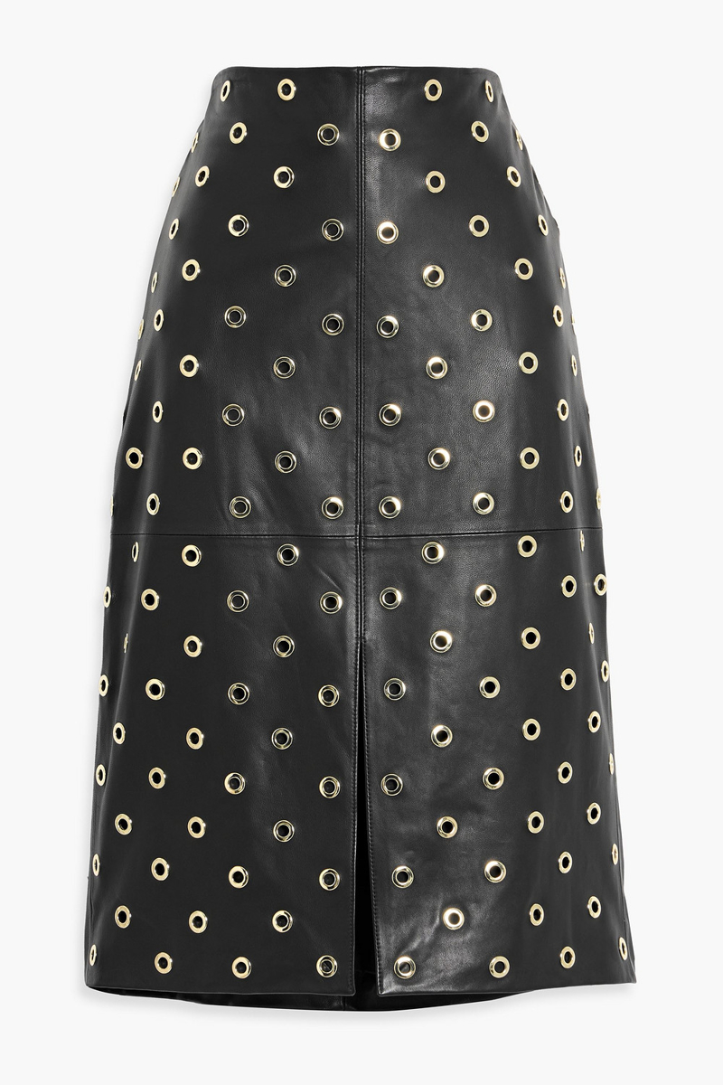 veronica beard - anderson eyelet-embellished leather skirt - black - us 2