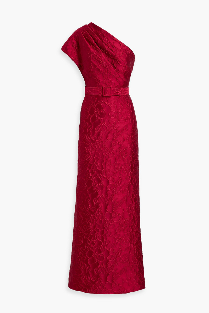 badgley mischka - one-shoulder draped cloqué gown - red - us 10