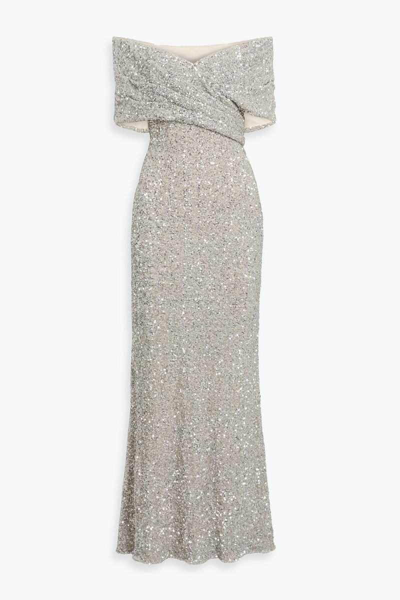 badgley mischka - off-the-shoulder draped sequined mesh gown - metallic - us 4