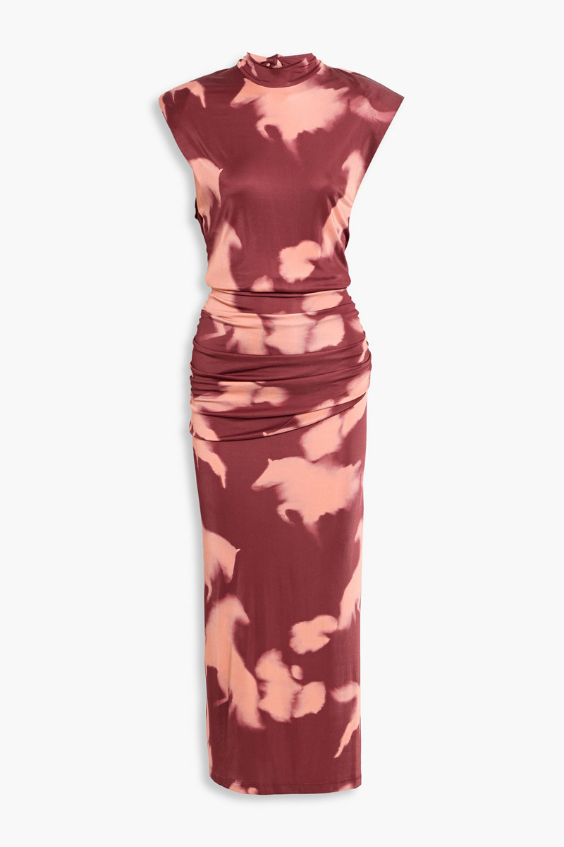 johanna ortiz - running horses ruched printed jersey maxi dress - burgundy - us 8