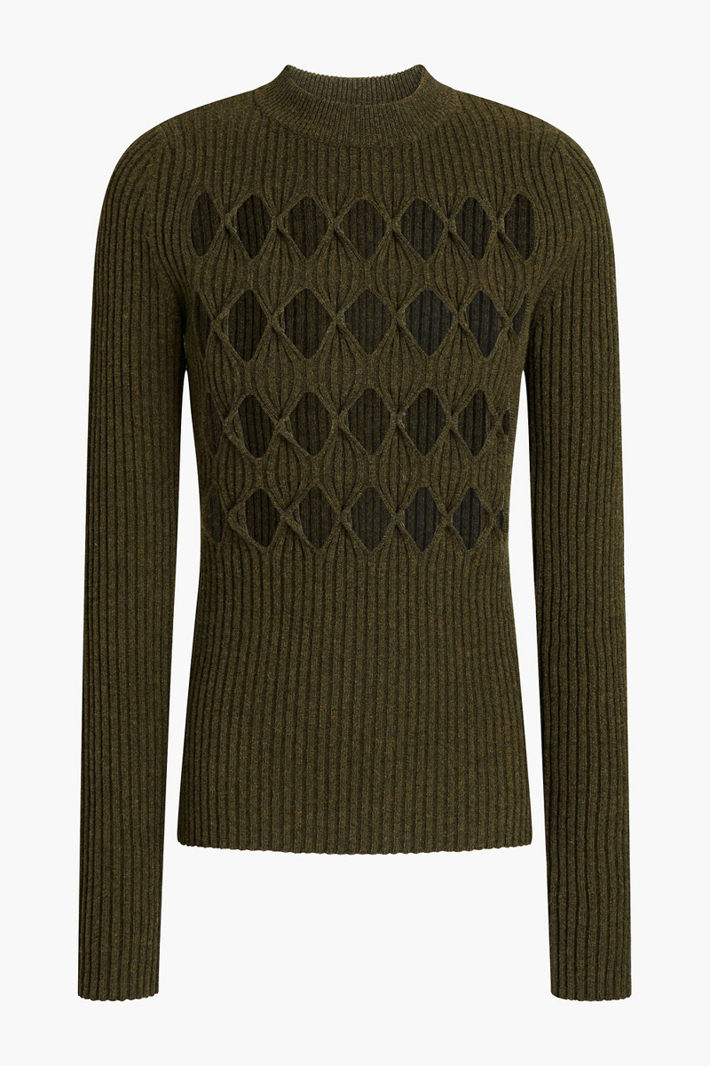 victoria beckham - cutout ribbed wool-blend sweater - green - xs