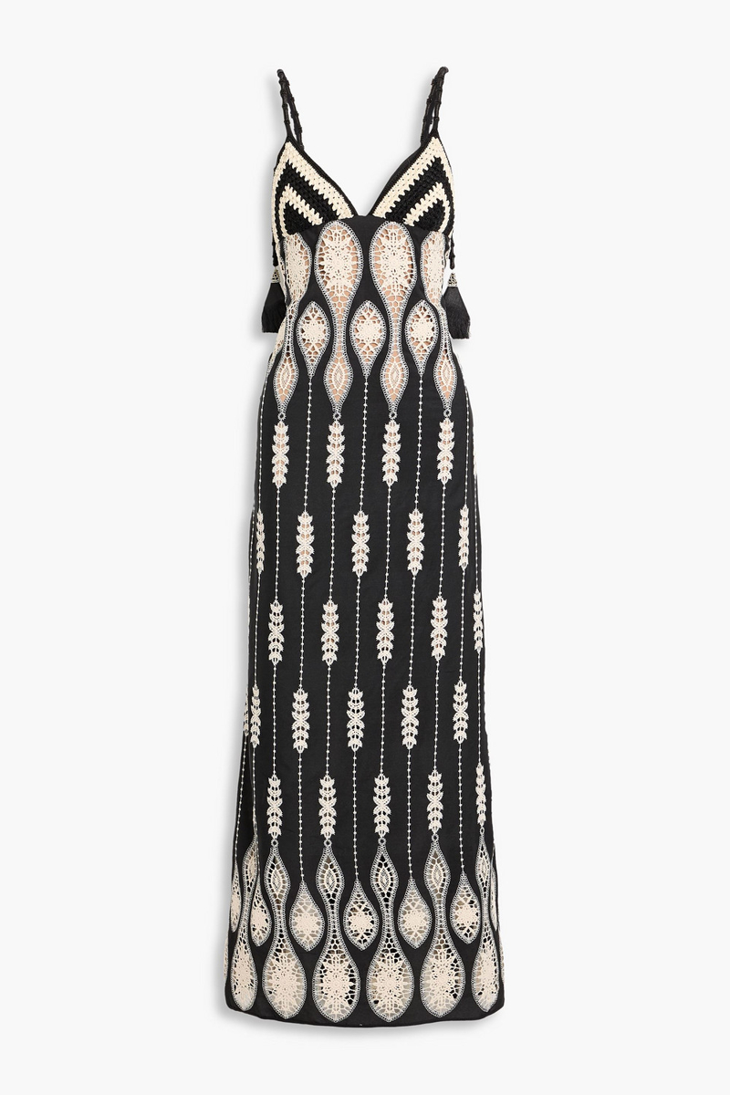 johanna ortiz - leaving tradition tasseled crocheted lace maxi dress - black - us 2