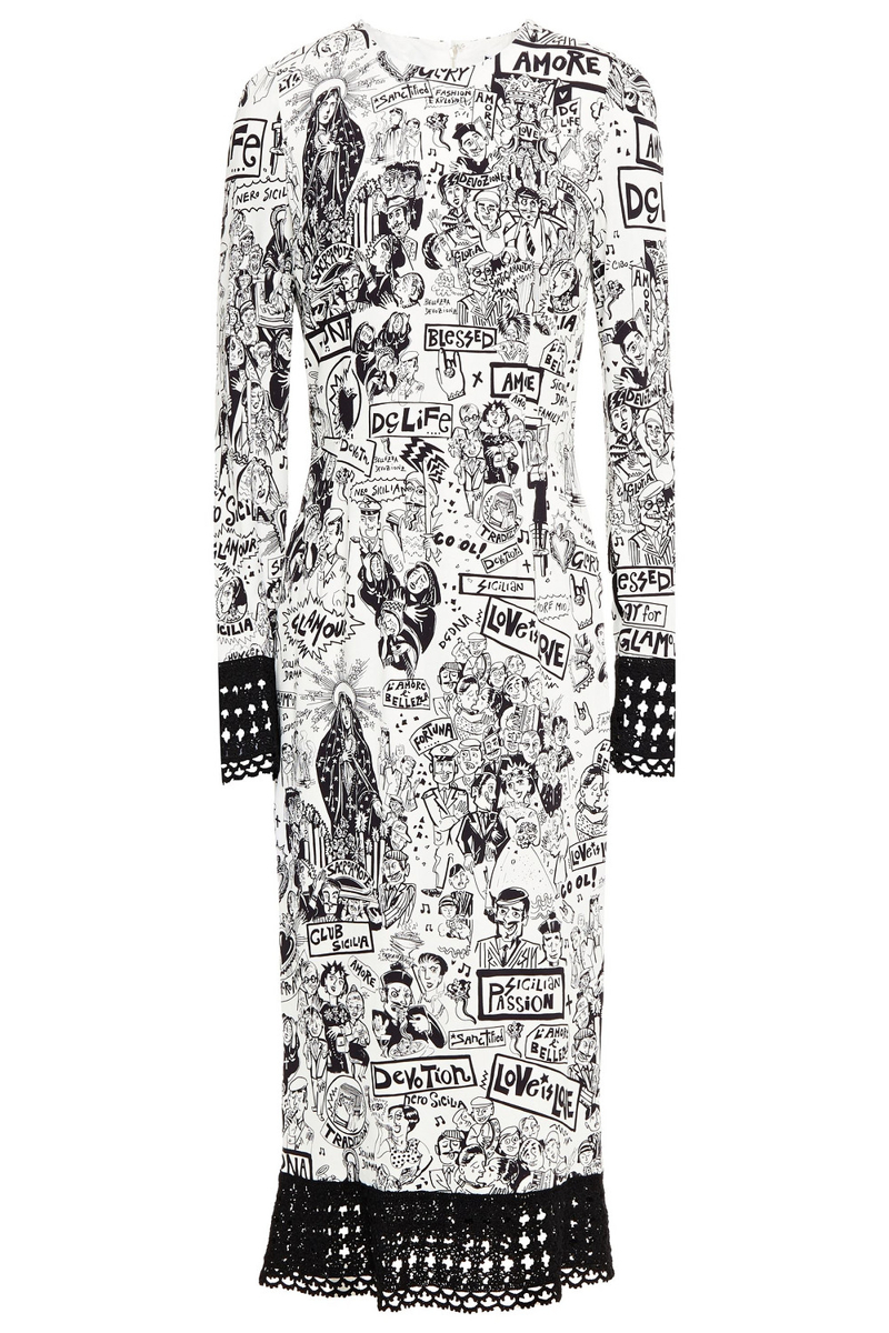 Dolce&Gabbana - Crochet-trimmed printed crepe midi dress - White - IT 38