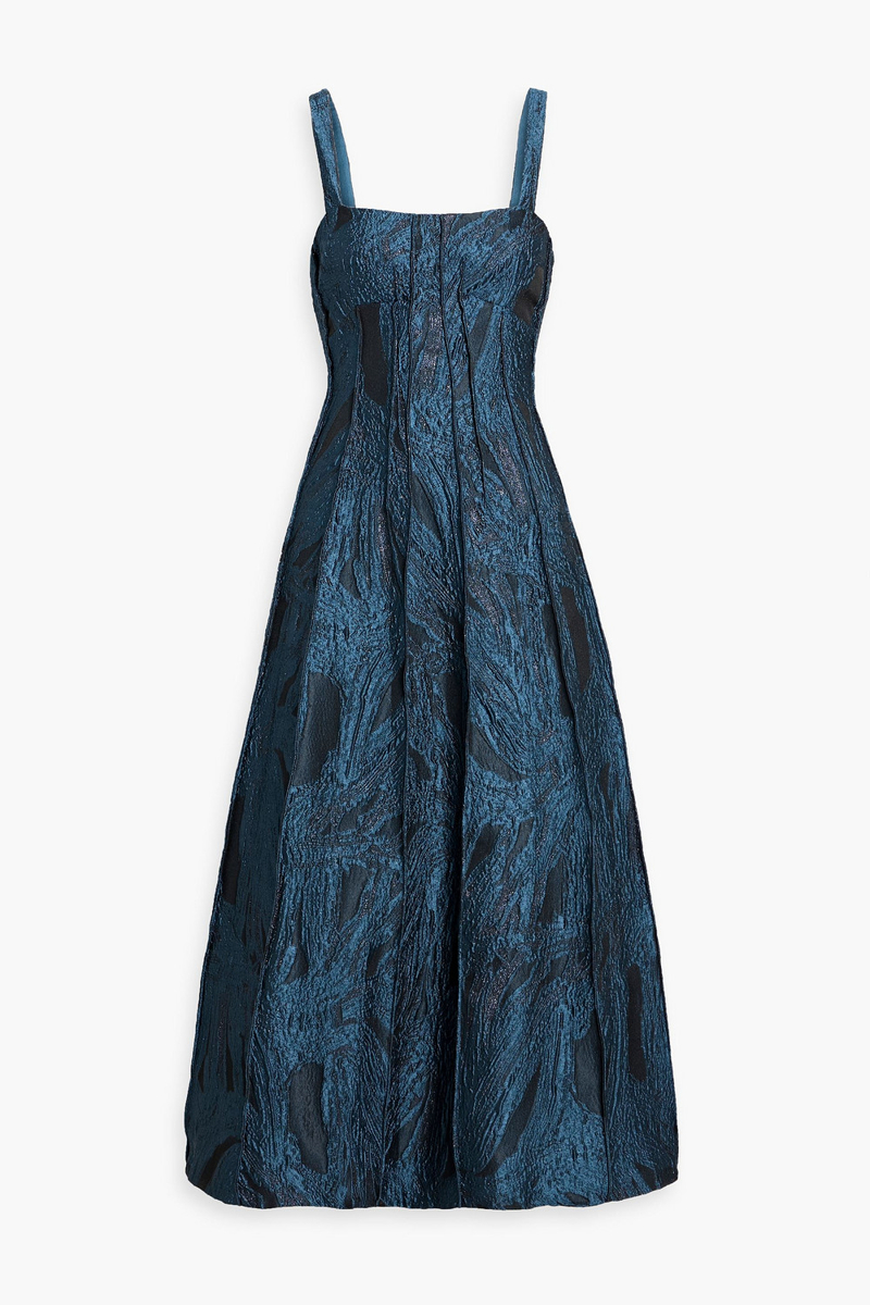 simkhai - maya pintucked metallic cloqué midi dress - blue - us 6