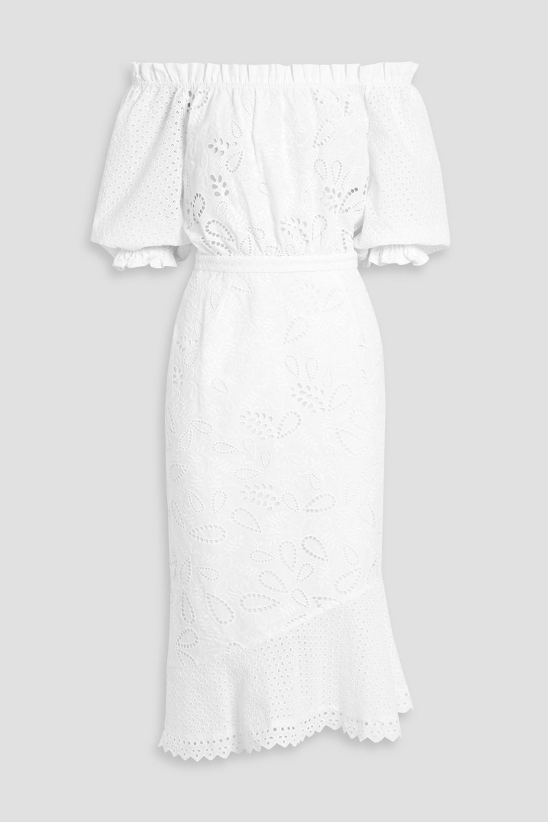 saloni - grace off-the-shoulder broderie anglaise cotton midi dress - white - uk 6