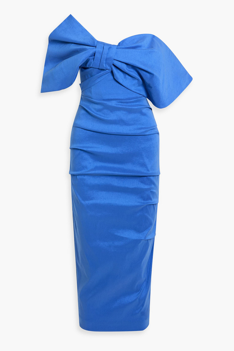 rachel gilbert - memphis strapless bow-detailed shantung midi dress - blue - 1