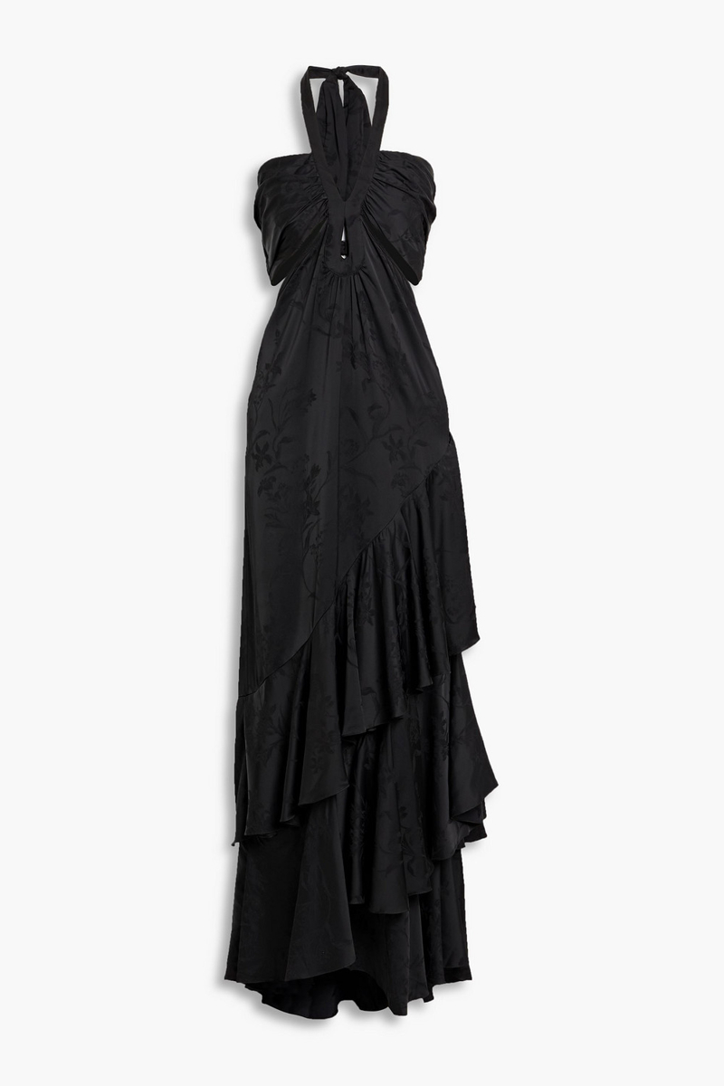 johanna ortiz - balladist tiered satin-jacquard maxi dress - black - us 6