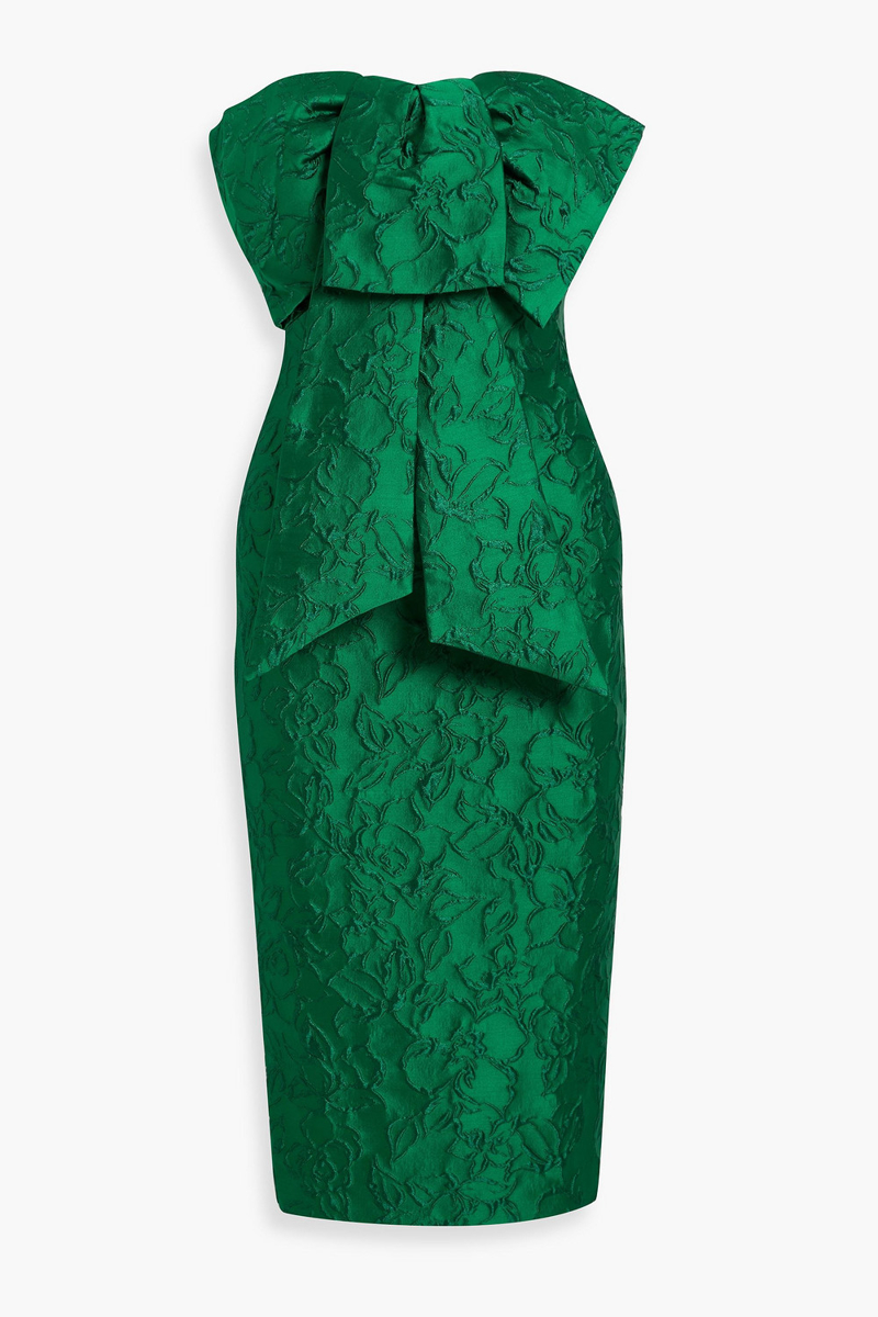 badgley mischka - strapless bow-detailed cloqué midi dress - green - us 4