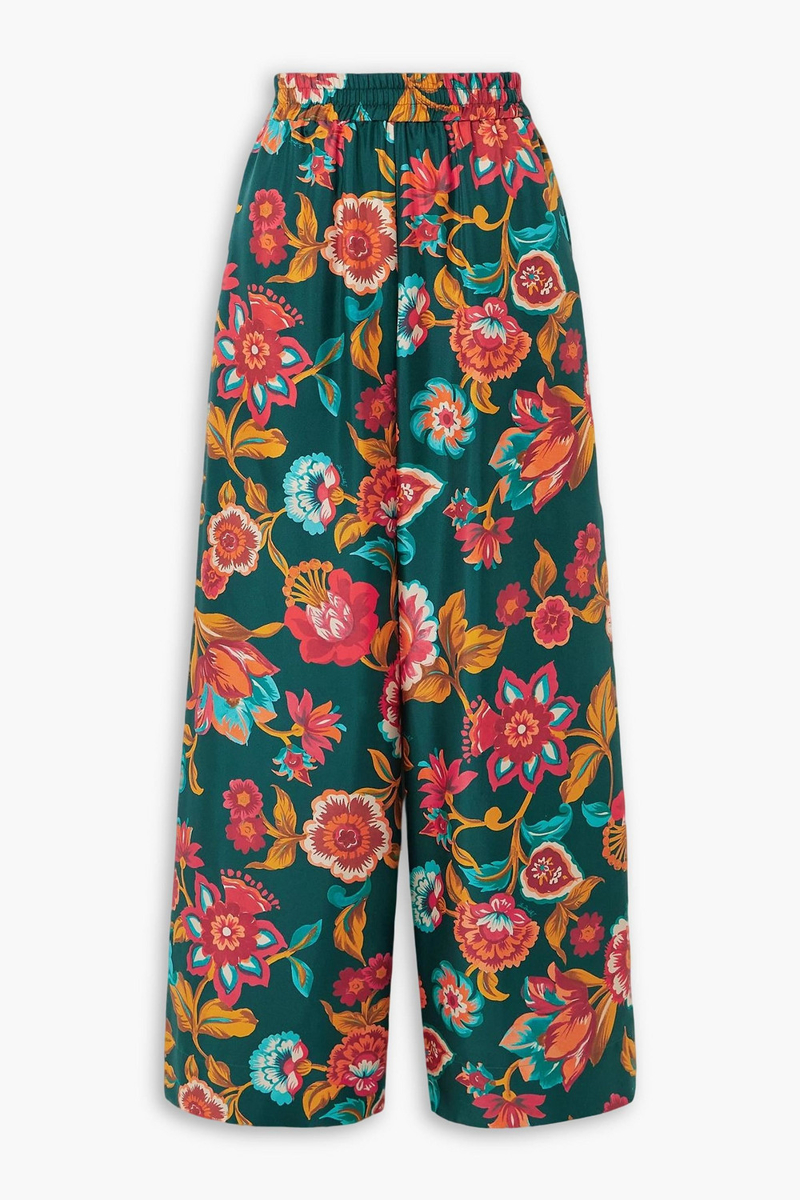 la double j. - floral-print silk-twill wide-leg pants - green - xxs