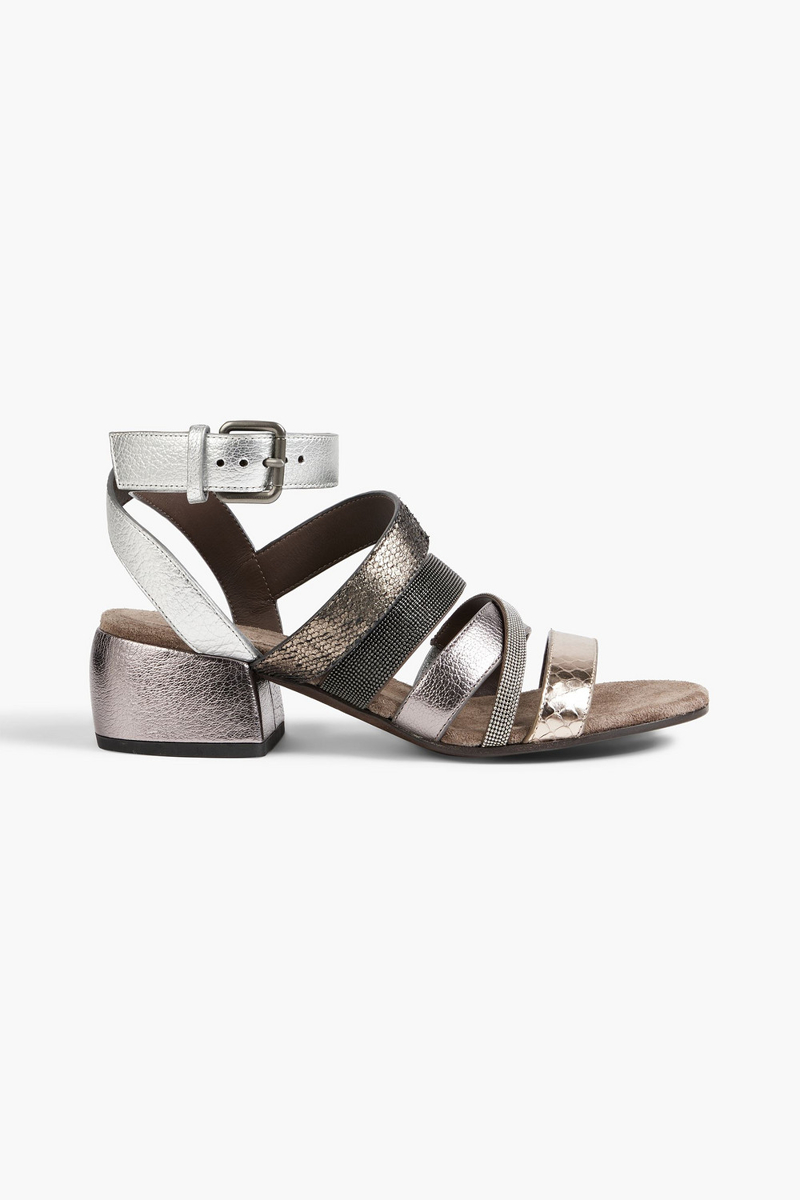 Brunello Cucinelli - Bead-embellished metallic leather sandals - Metallic - EU 35