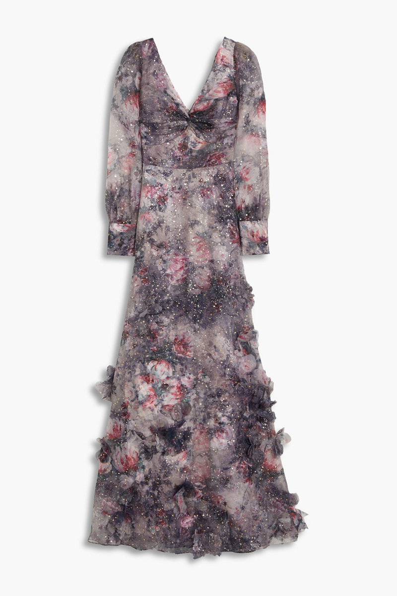 Marchesa Notte - Twisted floral-appliquéd printed organza gown - Purple - US 2