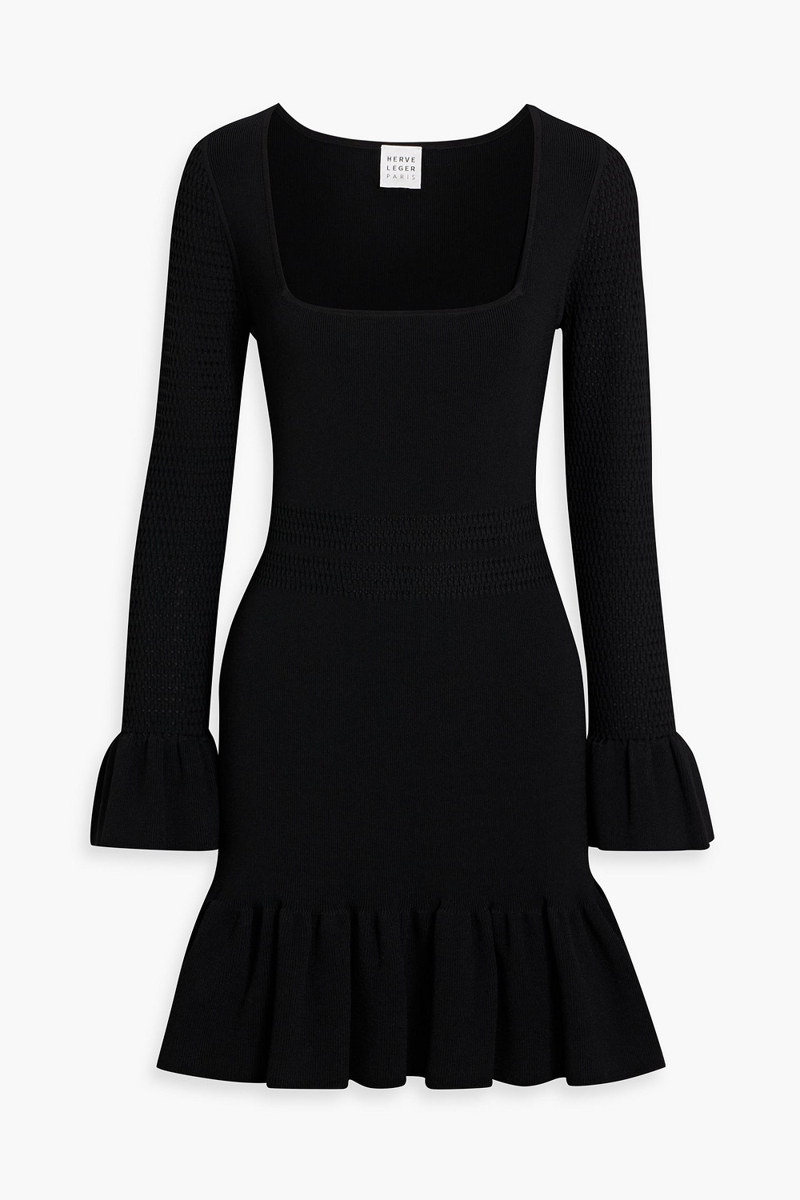hervé léger - colette ruffled pointelle-knit mini dress - black - xxs